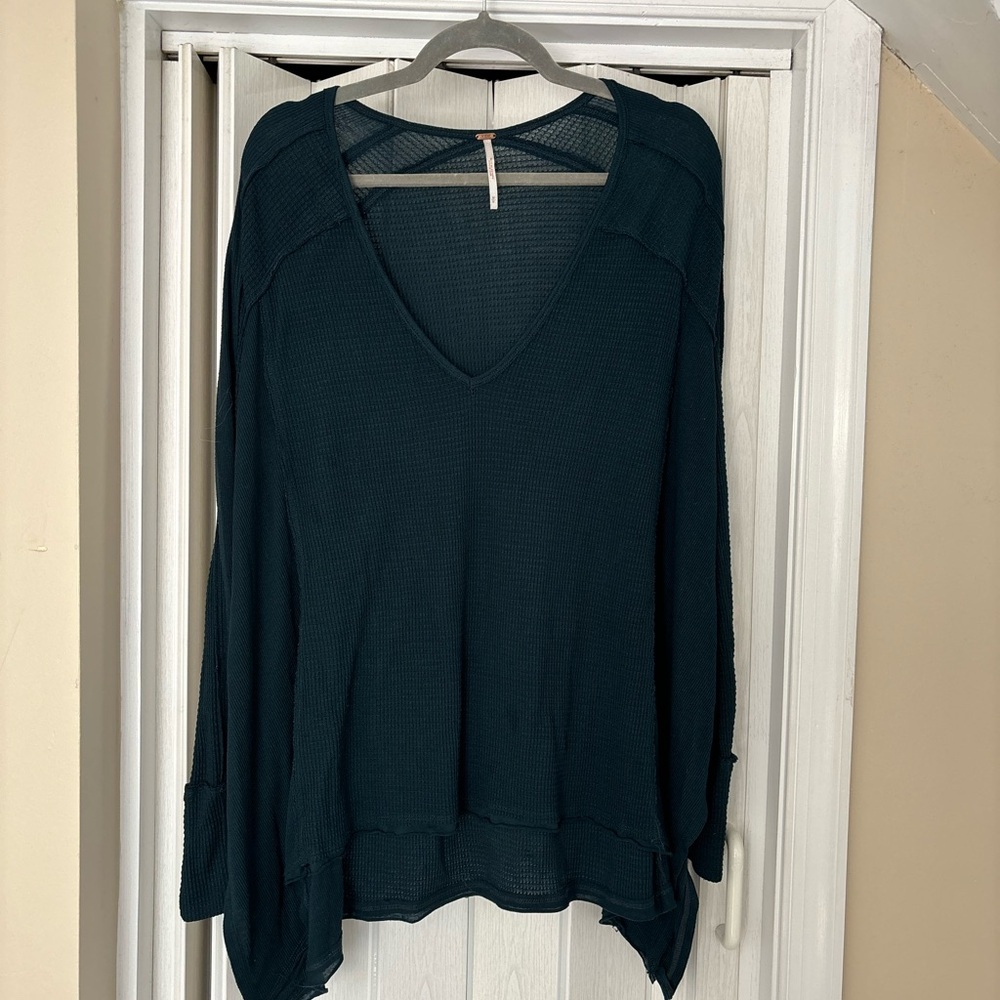 Free People Blue/Green Waffle Knit Oversized Women's V-Neck Top